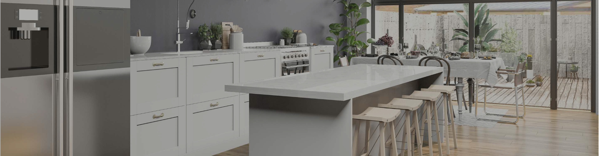 white cabinets and countertops in a kitchen with wood-look flooring
